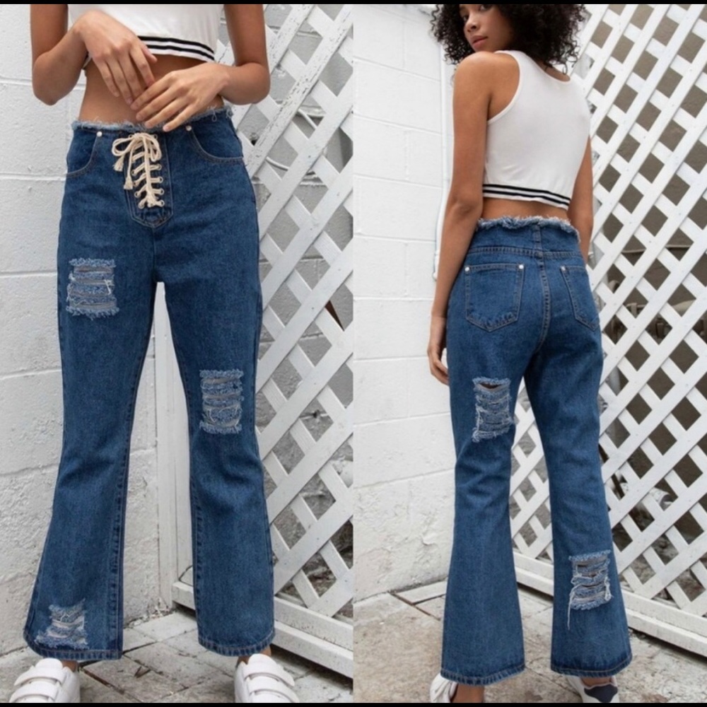 3/$30 Deal POL Wide Leg Distressed Lace Up Jeans - Picture 2 of 7